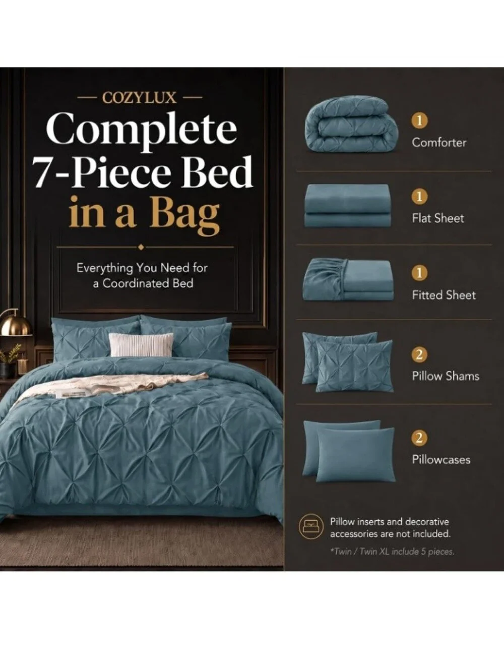 California King Comforter Set Mineral Blue, 7 Pieces Bed in a Bag All Season